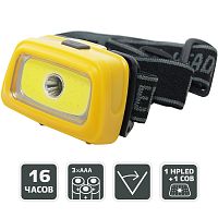 Фонарь налобный светодиодный, 1HPLED+1COB, 3хААА, пластик